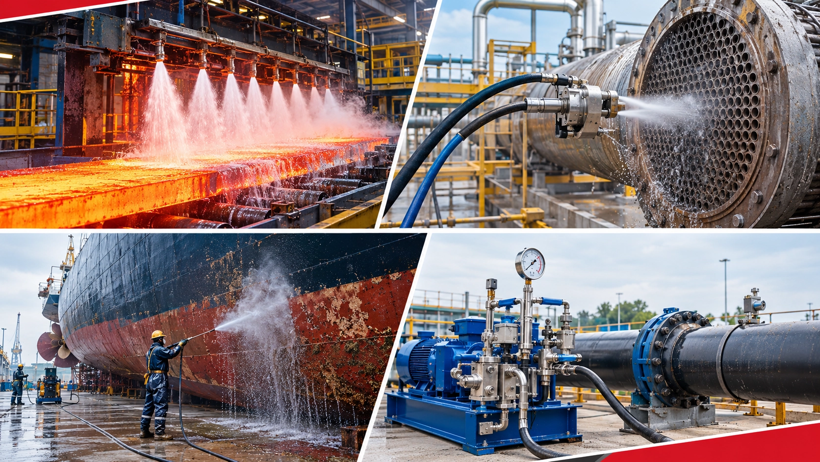 Industrial High-Pressure Water Jetting Applications High-pressure water jetting for steel descaling tube cleaning and ship hull cleaning