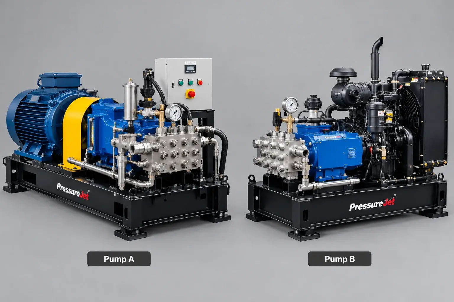 PressureJet Electric and Diesel High-Pressure Pumps PressureJet electric and diesel high-pressure pumps displayed side by side