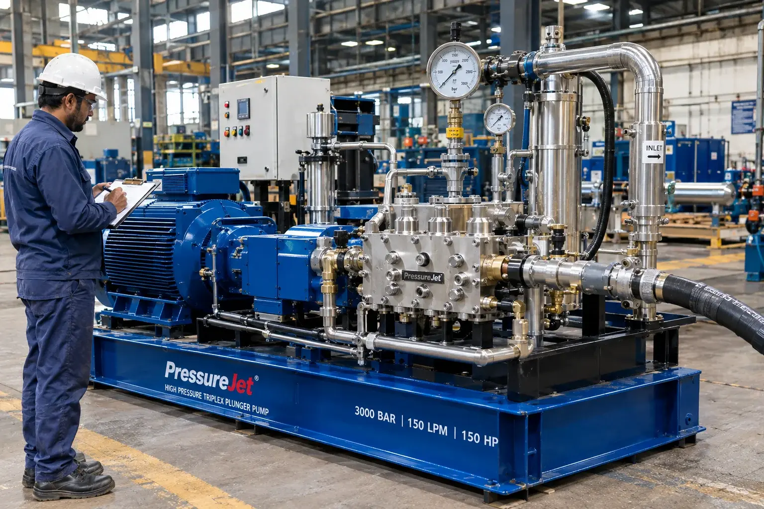 PressureJet 3000 bar 150 LPM high-pressure triplex plunger pump in an industrial facility
