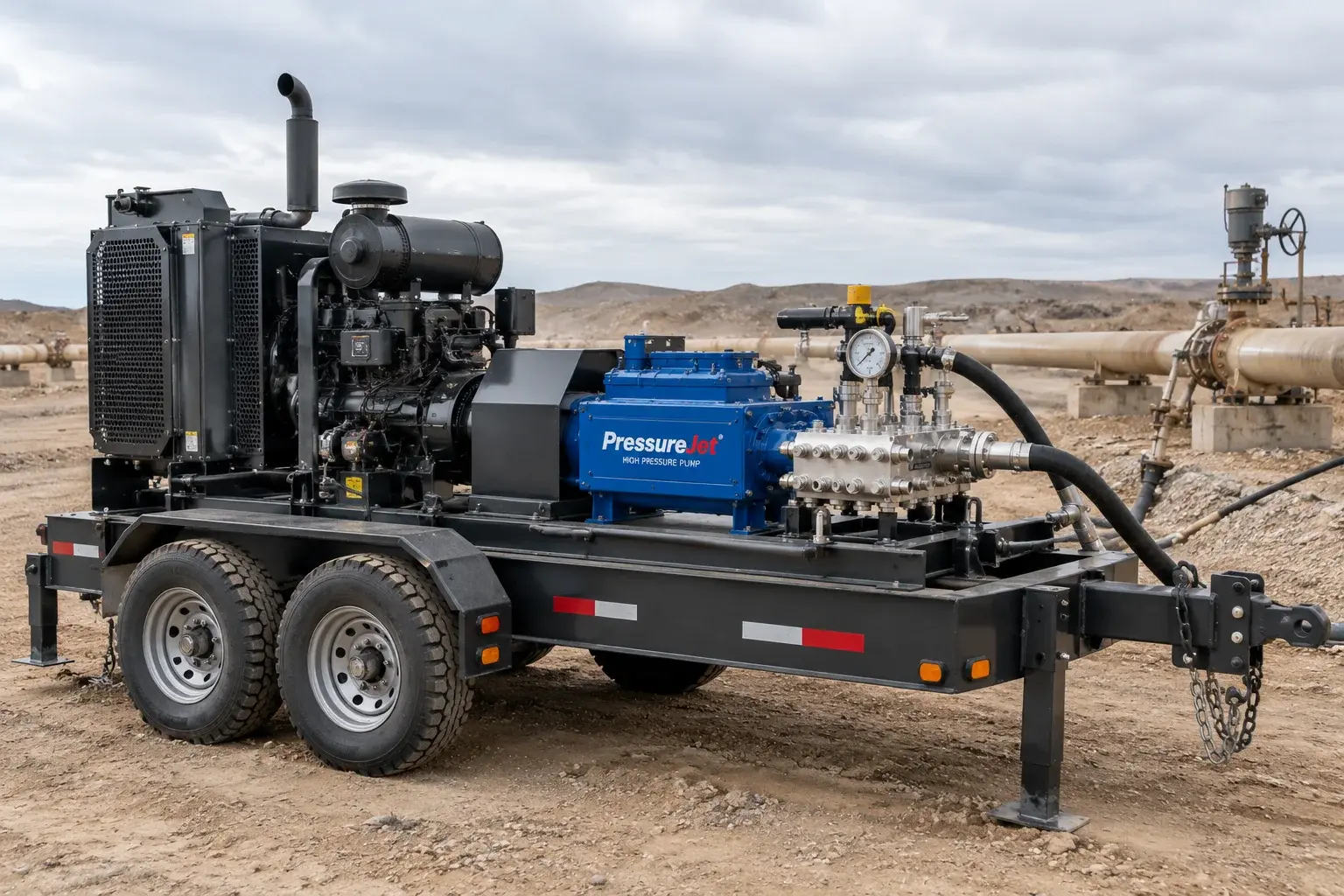 Trailer-Mounted Diesel High-Pressure Pump PressureJet diesel-driven high-pressure pump mounted on a heavy-duty trailer at an industrial site
