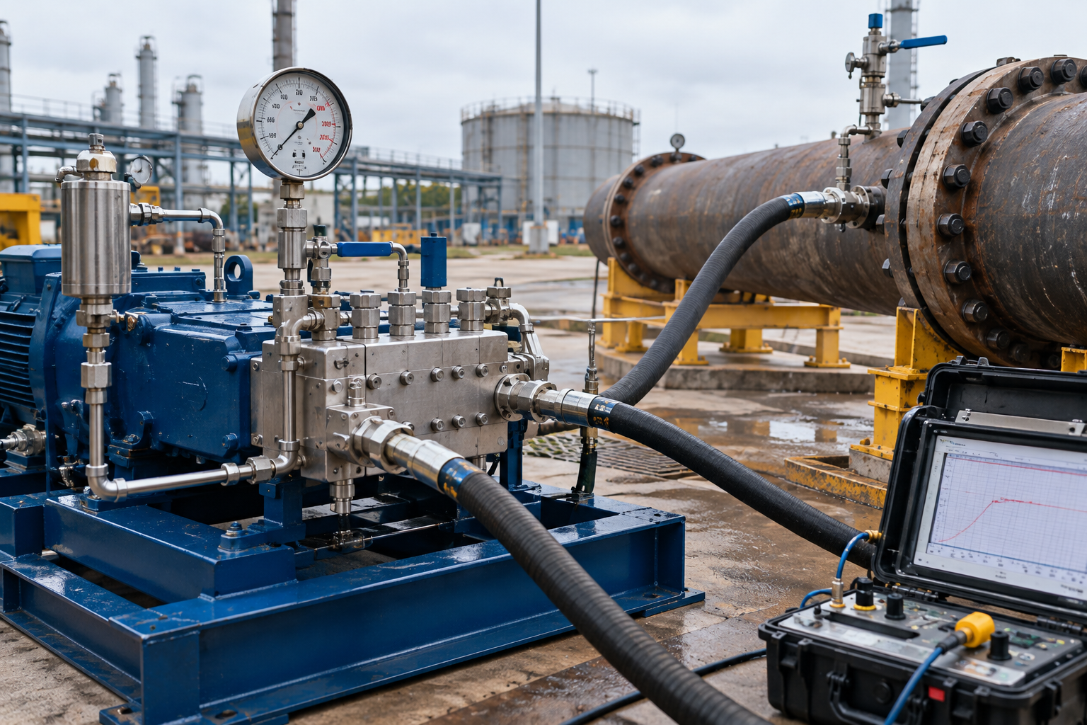 Hydrostatic test pump system for industrial pressure testing