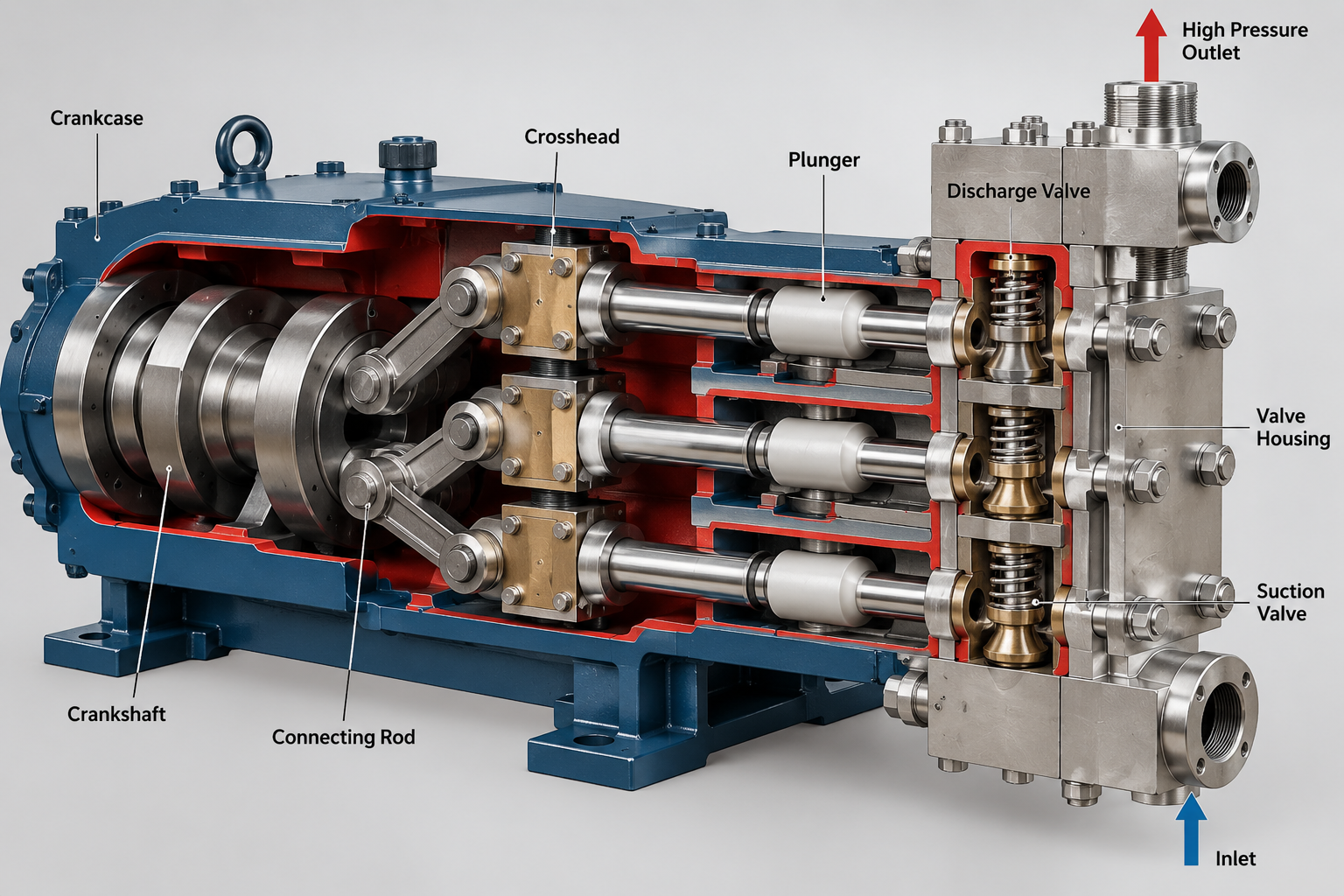 Triplex plunger pump internal components and working mechanism