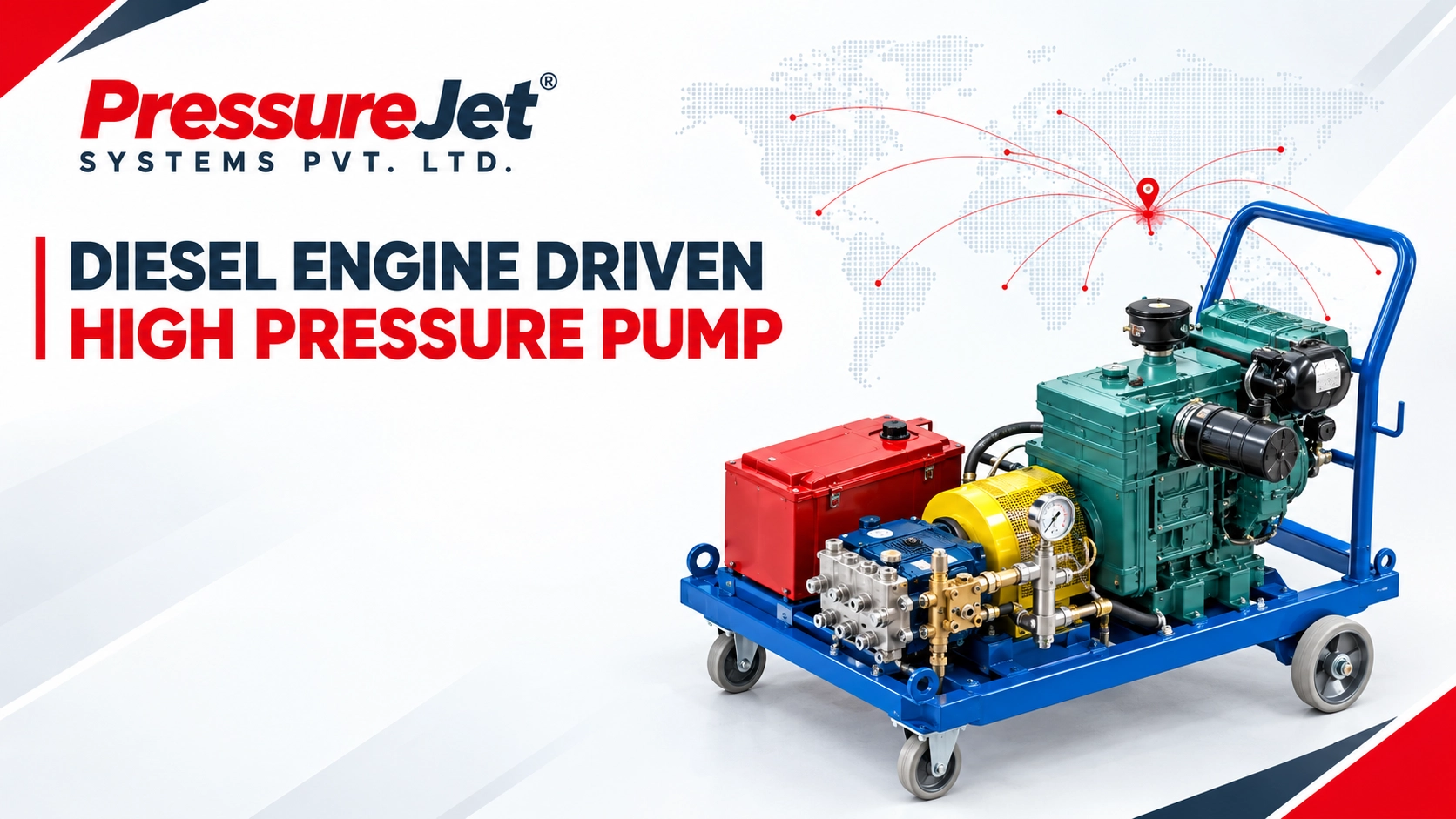Diesel engine driven high pressure plunger pump mounted on an industrial steel skid