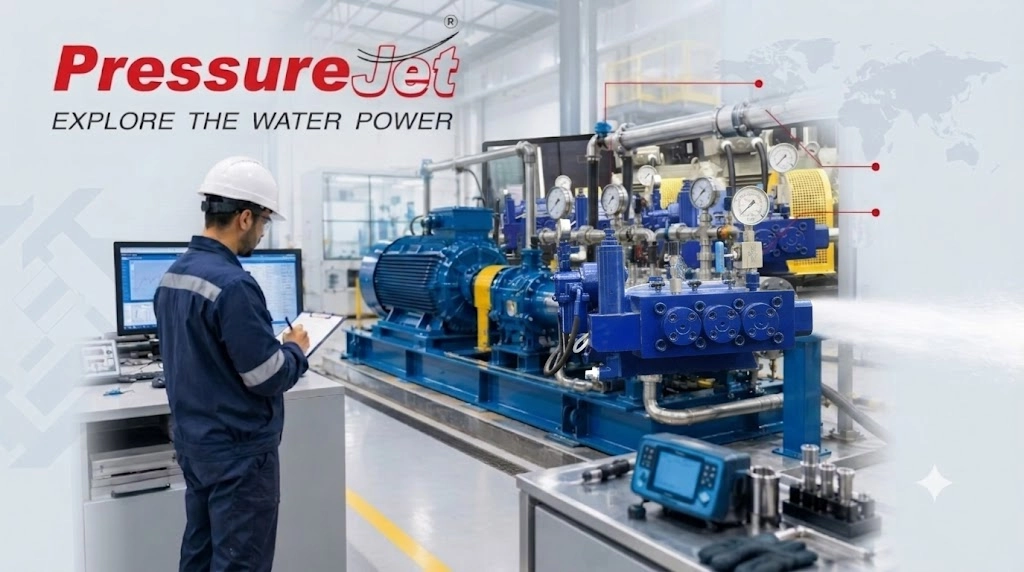 High Pressure Pump Load Testing and Quality Inspection Industrial high pressure pump testing under load with pressure gauges and engineer recording readings