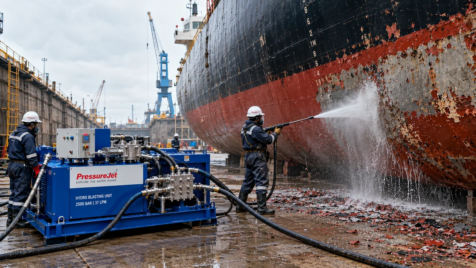 Hydro Blasting for Ship Hull Cleaning Workers using a PressureJet hydro blasting unit to remove paint and corrosion from a ship hull