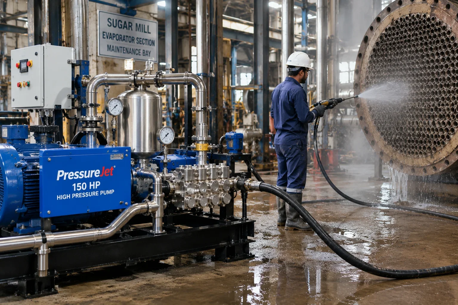 150 HP High-Pressure Pump for Sugar Mill Maintenance PressureJet 150 HP high-pressure pump used to clean a sugar mill evaporator