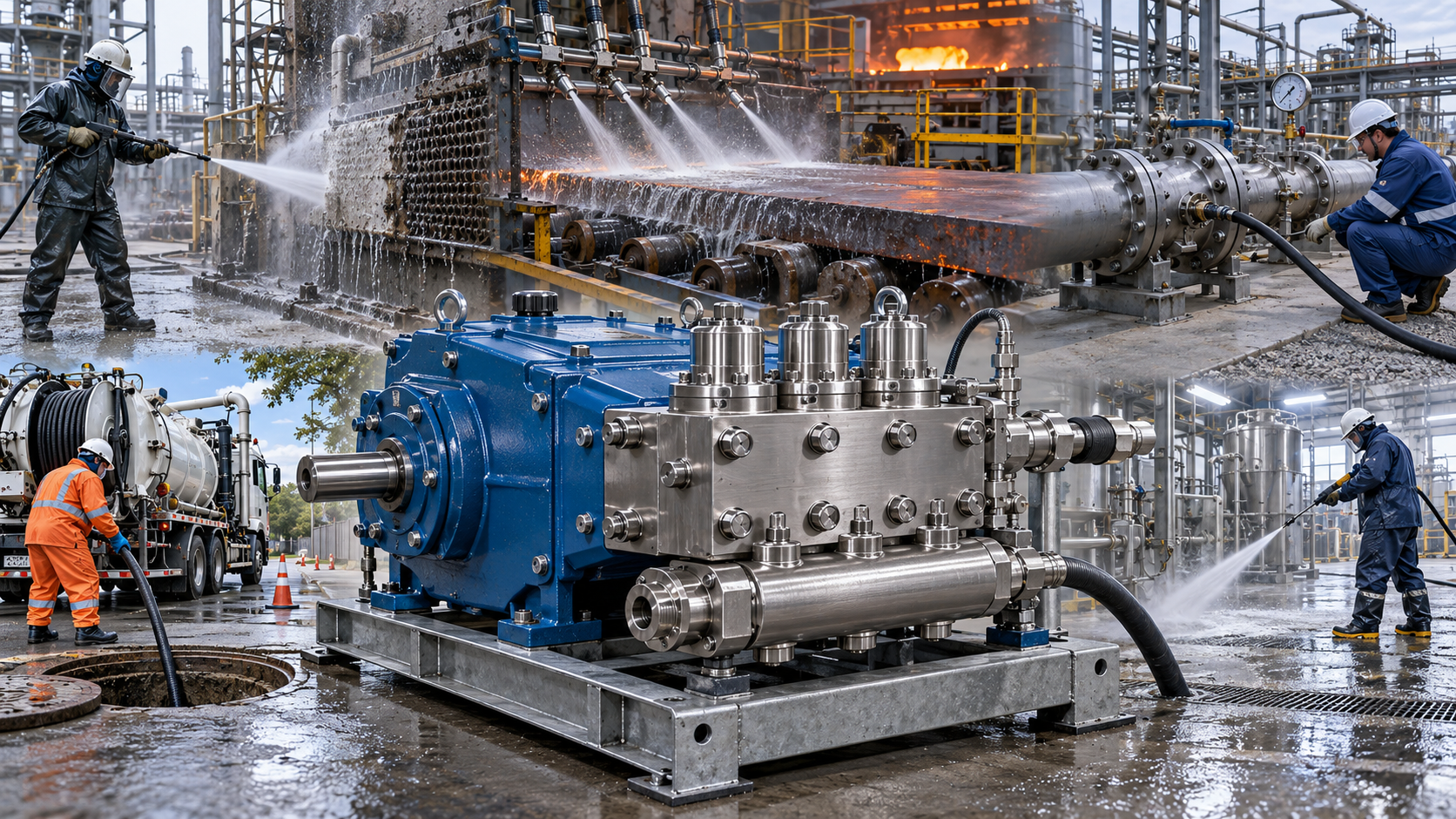Triplex plunger pump used in industrial cleaning and export applications