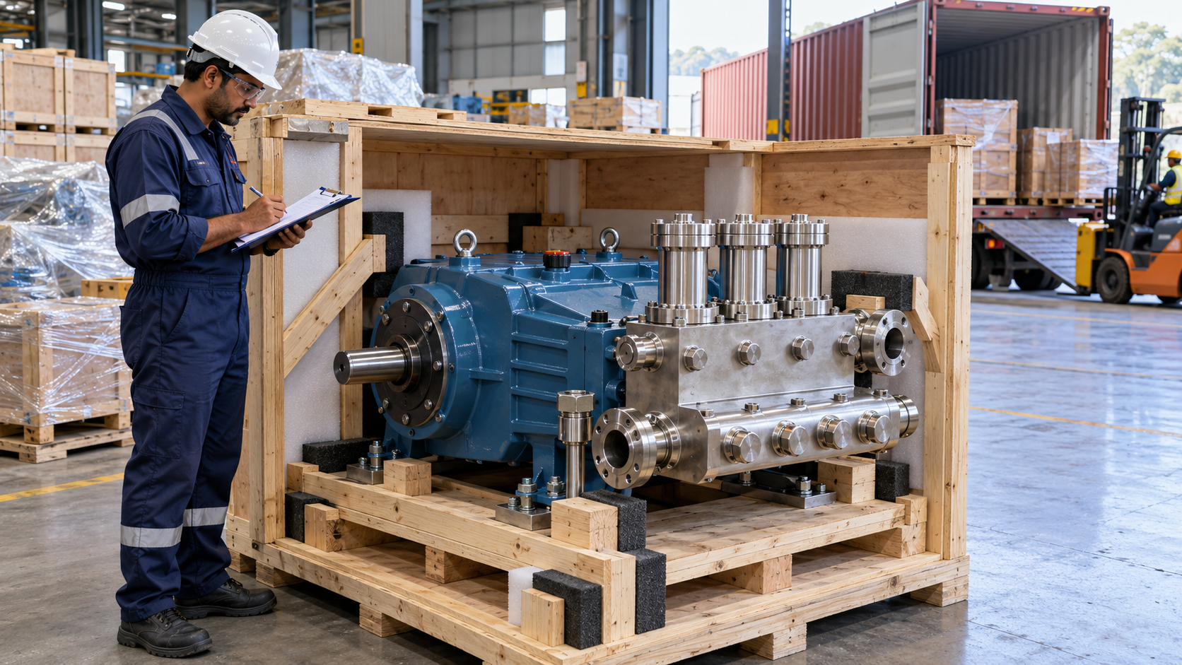Triplex plunger pump inspected and packed for export shipment